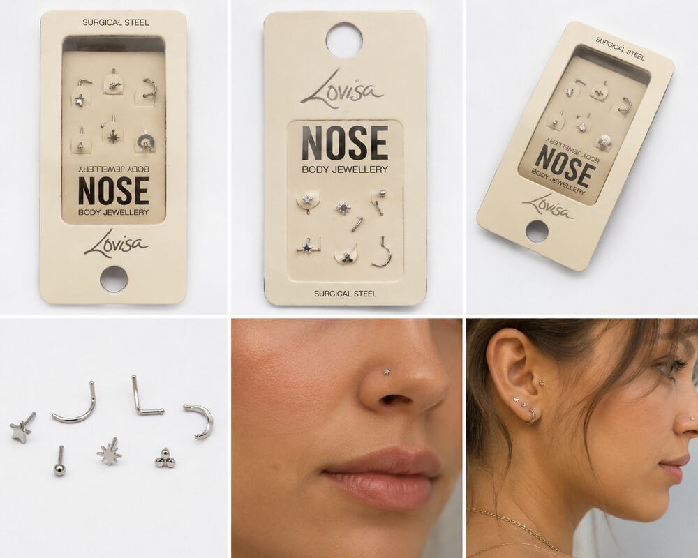 Lovisa Surgical Steel Nose Body Jewelry Set – 6 Piece Nose Stud